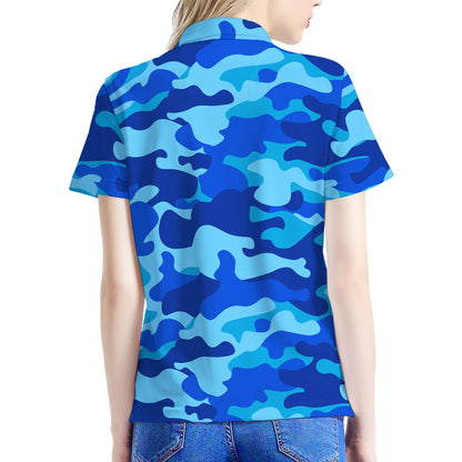 Blue Camouflage Print Women's Polo Shirt