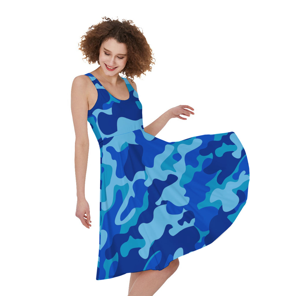 Blue Camouflage Print Women's Sleeveless Dress