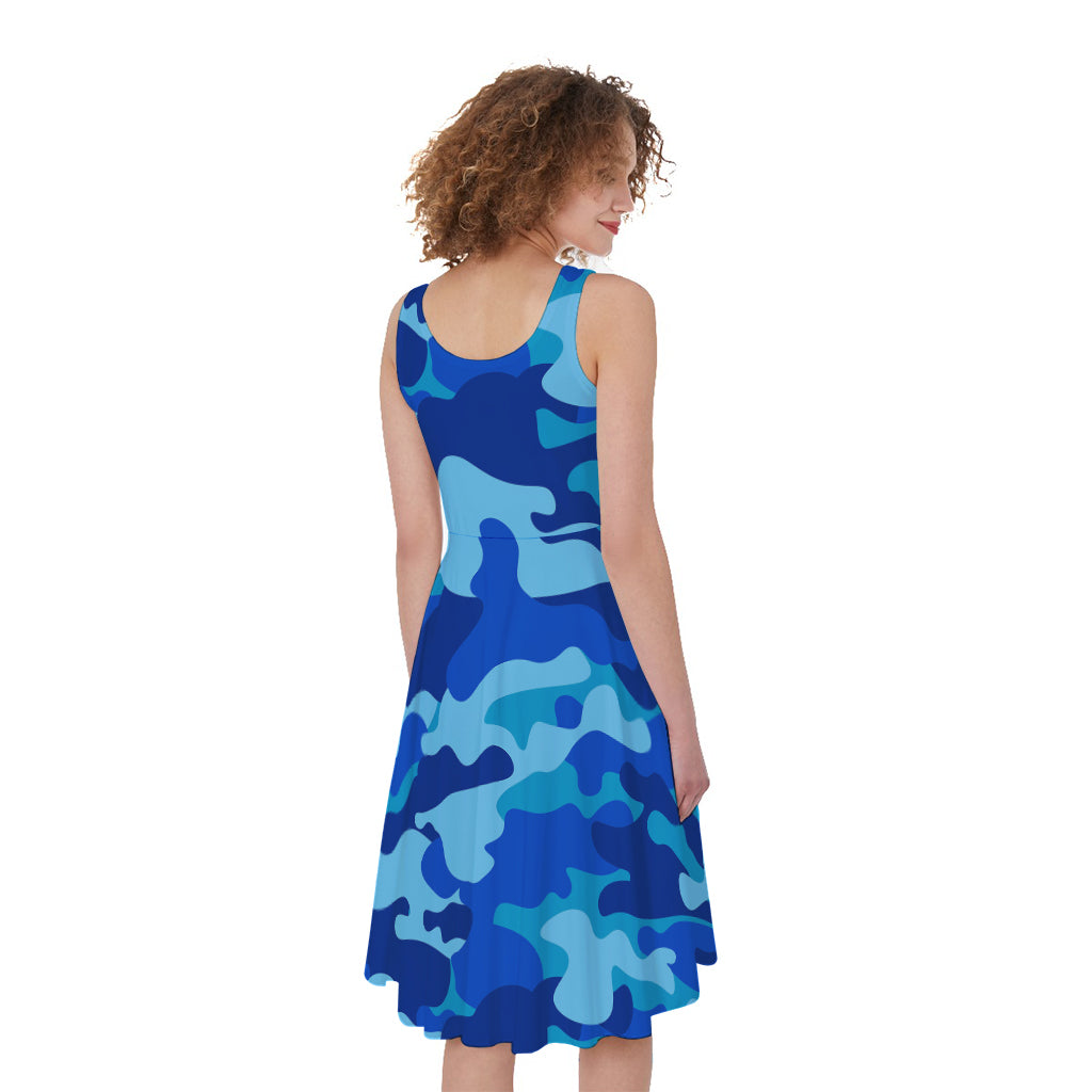 Blue Camouflage Print Women's Sleeveless Dress