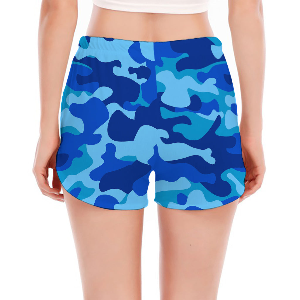 Blue Camouflage Print Women's Split Running Shorts
