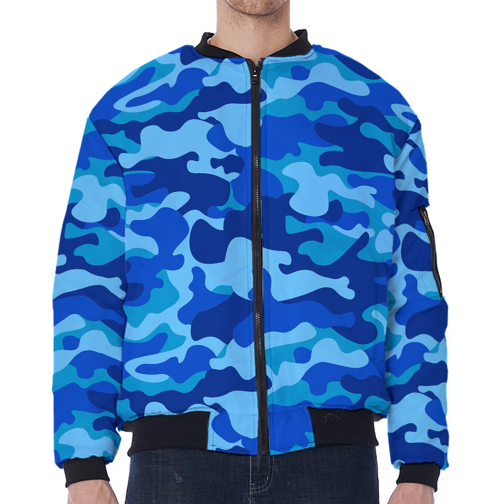 Blue Camouflage Print Zip Sleeve Bomber Jacket
