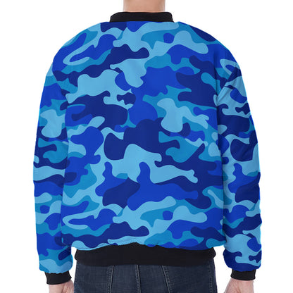 Blue Camouflage Print Zip Sleeve Bomber Jacket