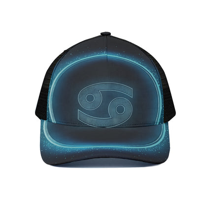 Blue Cancer Zodiac Sign Print Black Mesh Trucker Cap