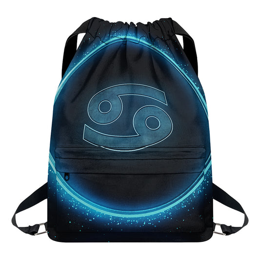 Blue Cancer Zodiac Sign Print Drawstring Backpack