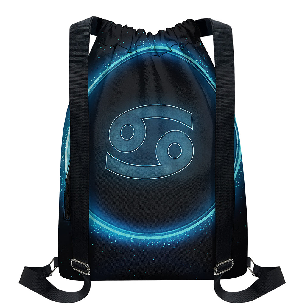 Blue Cancer Zodiac Sign Print Drawstring Backpack