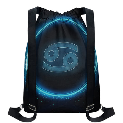 Blue Cancer Zodiac Sign Print Drawstring Backpack