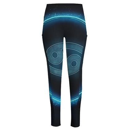 Blue Cancer Zodiac Sign Print High-Waisted Pocket Leggings
