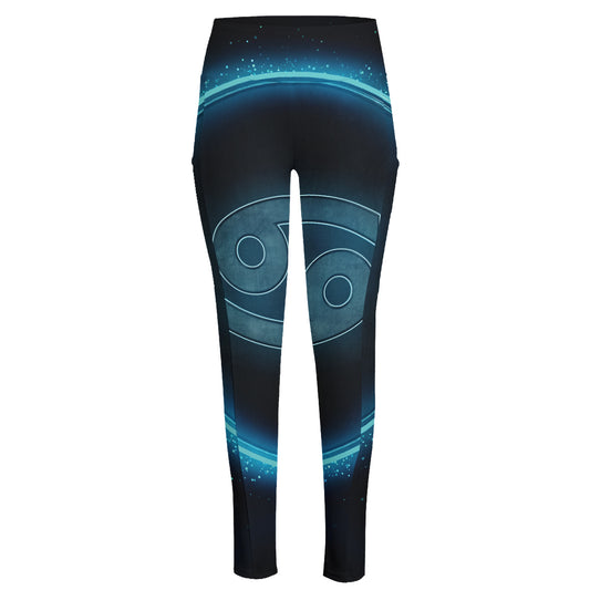 Blue Cancer Zodiac Sign Print High-Waisted Pocket Leggings