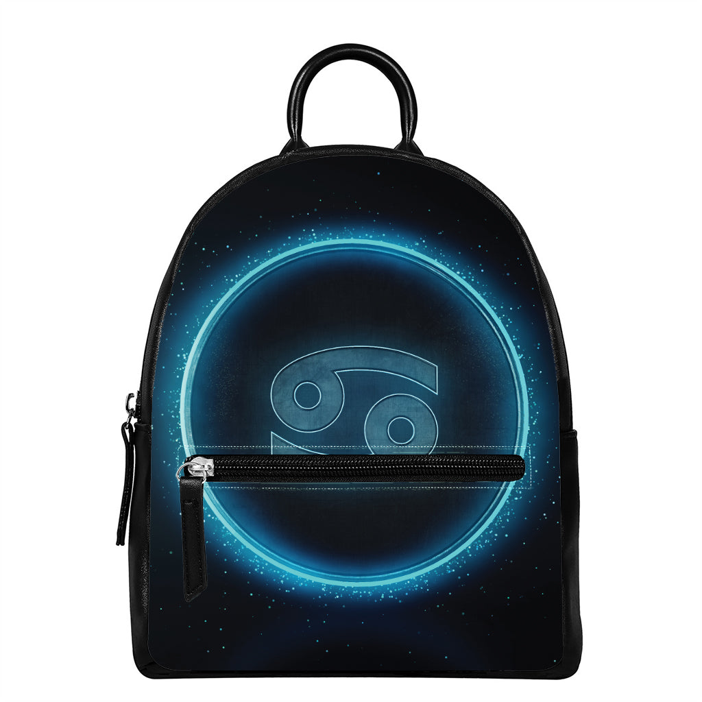 Blue Cancer Zodiac Sign Print Leather Backpack