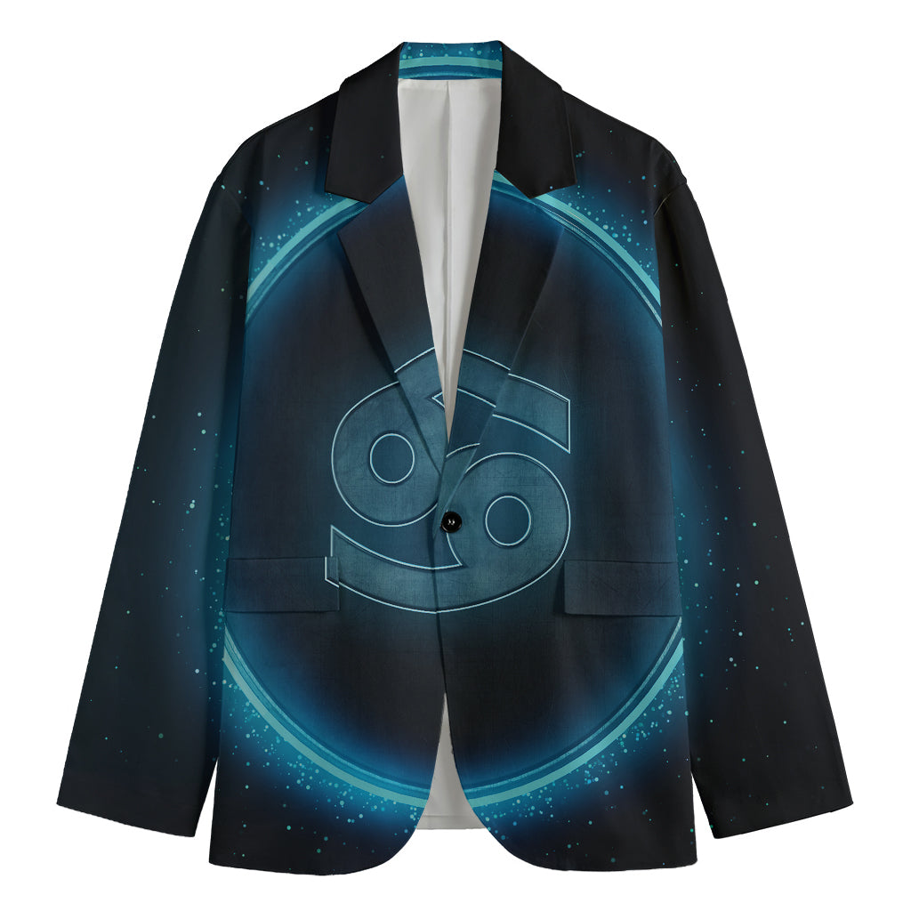 Blue Cancer Zodiac Sign Print Men's Cotton Blazer
