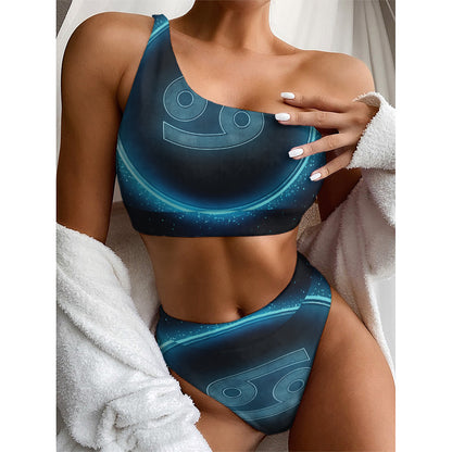Blue Cancer Zodiac Sign Print One Shoulder Bikini Top