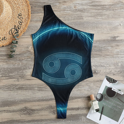Blue Cancer Zodiac Sign Print One Shoulder Bodysuit