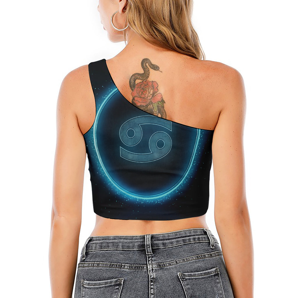 Blue Cancer Zodiac Sign Print One Shoulder Crop Top