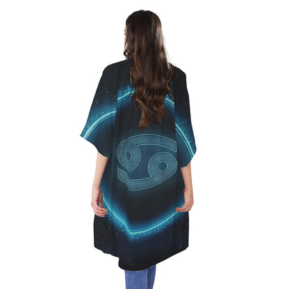 Blue Cancer Zodiac Sign Print Open Front Beach Cover Up