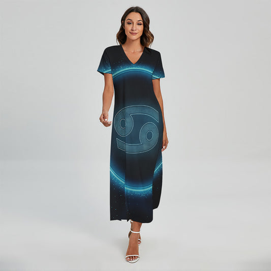 Blue Cancer Zodiac Sign Print Short Sleeve Maxi Dress