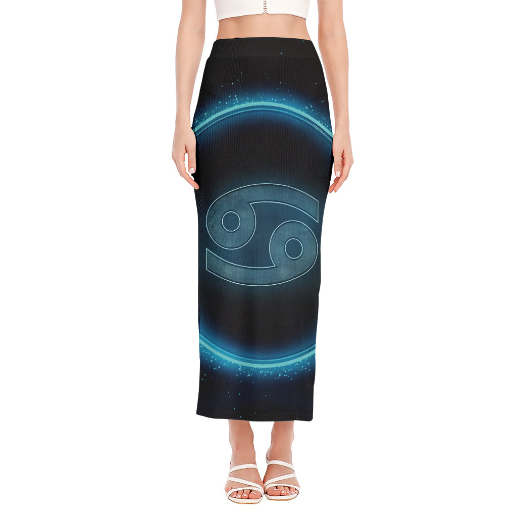 Blue Cancer Zodiac Sign Print Side Slit Maxi Skirt