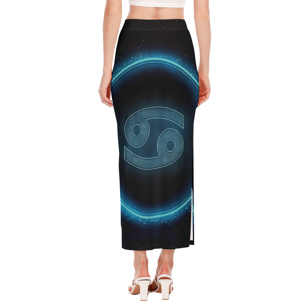 Blue Cancer Zodiac Sign Print Side Slit Maxi Skirt