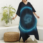 Blue Cancer Zodiac Sign Print Silk V-Neck Kaftan Dress