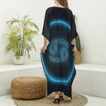Blue Cancer Zodiac Sign Print Silk V-Neck Kaftan Dress