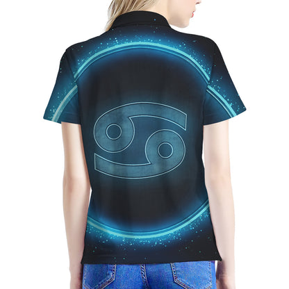 Blue Cancer Zodiac Sign Print Women's Polo Shirt