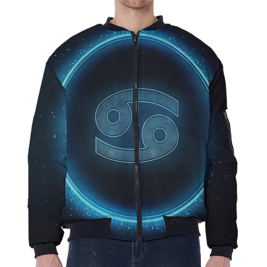 Blue Cancer Zodiac Sign Print Zip Sleeve Bomber Jacket
