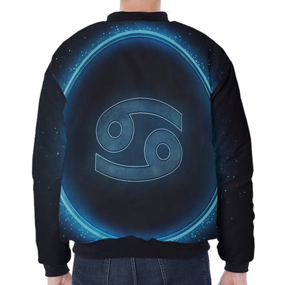 Blue Cancer Zodiac Sign Print Zip Sleeve Bomber Jacket
