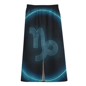 Blue Capricorn Zodiac Sign Print Cotton Front Slit Maxi Skirt