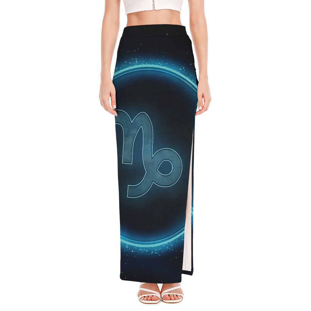 Blue Capricorn Zodiac Sign Print High Slit Maxi Skirt