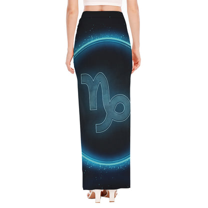 Blue Capricorn Zodiac Sign Print High Slit Maxi Skirt