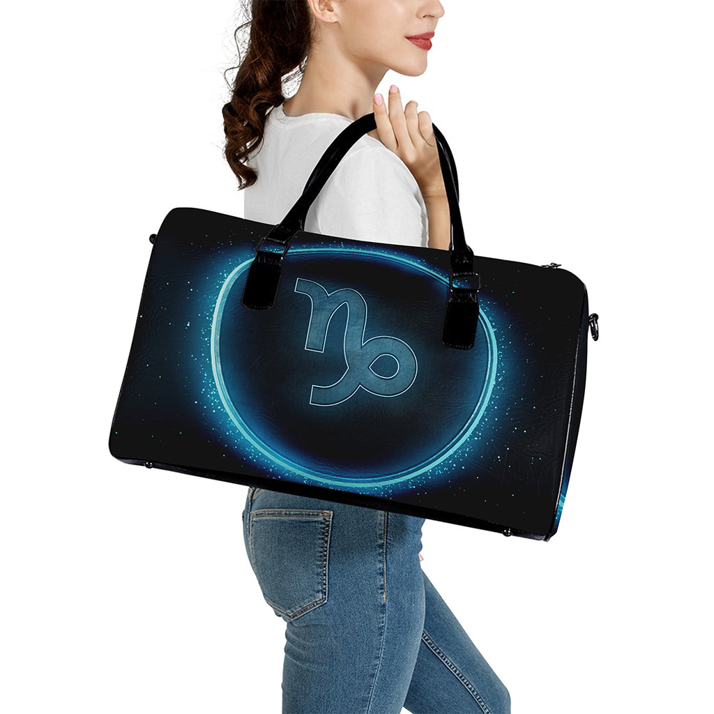 Blue Capricorn Zodiac Sign Print Leather Duffle Bag