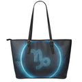 Blue Capricorn Zodiac Sign Print Leather Tote Bag With Zipper