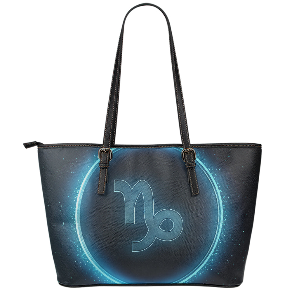 Blue Capricorn Zodiac Sign Print Leather Tote Bag