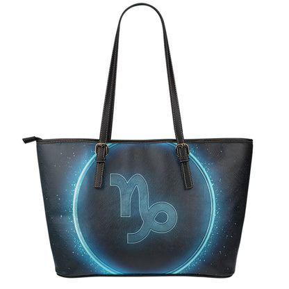 Blue Capricorn Zodiac Sign Print Leather Tote Bag