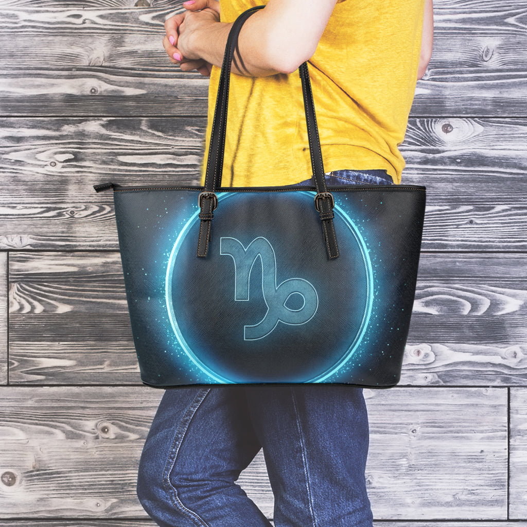 Blue Capricorn Zodiac Sign Print Leather Tote Bag