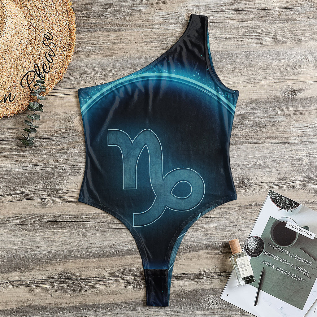 Blue Capricorn Zodiac Sign Print One Shoulder Bodysuit