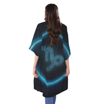 Blue Capricorn Zodiac Sign Print Open Front Beach Cover Up
