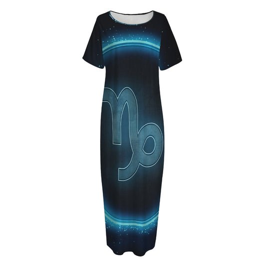 Blue Capricorn Zodiac Sign Print Short Sleeve Long Nightdress