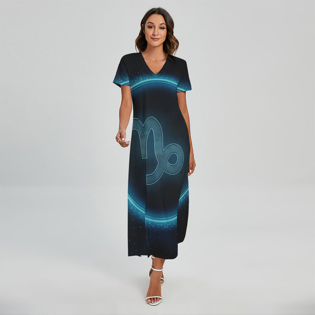 Blue Capricorn Zodiac Sign Print Short Sleeve Maxi Dress