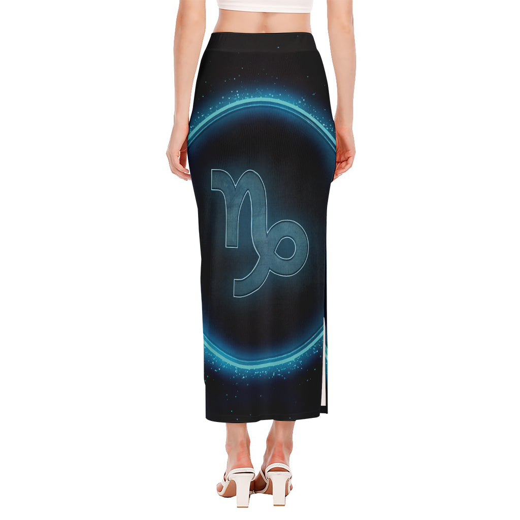 Blue Capricorn Zodiac Sign Print Side Slit Maxi Skirt