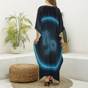 Blue Capricorn Zodiac Sign Print Silk V-Neck Kaftan Dress