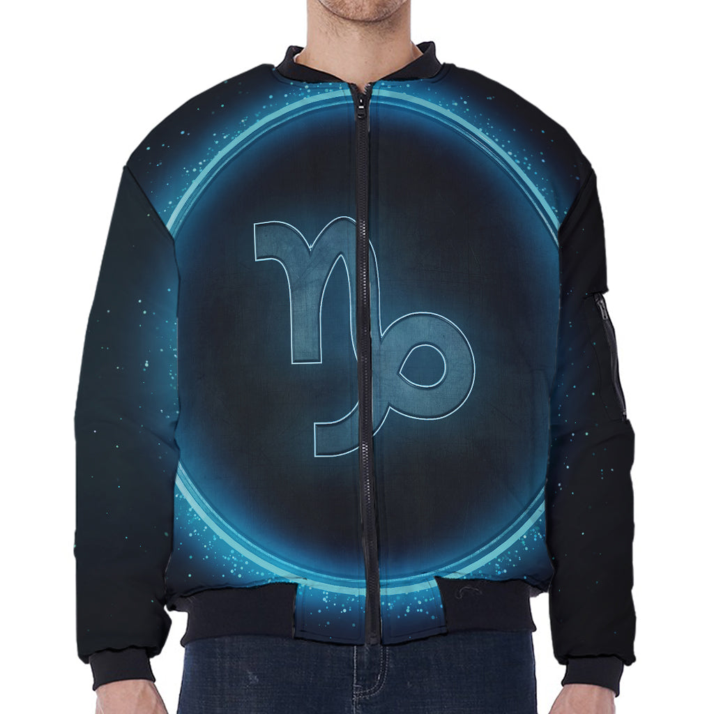 Blue Capricorn Zodiac Sign Print Zip Sleeve Bomber Jacket