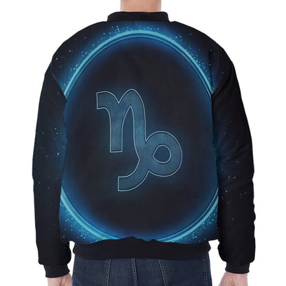 Blue Capricorn Zodiac Sign Print Zip Sleeve Bomber Jacket
