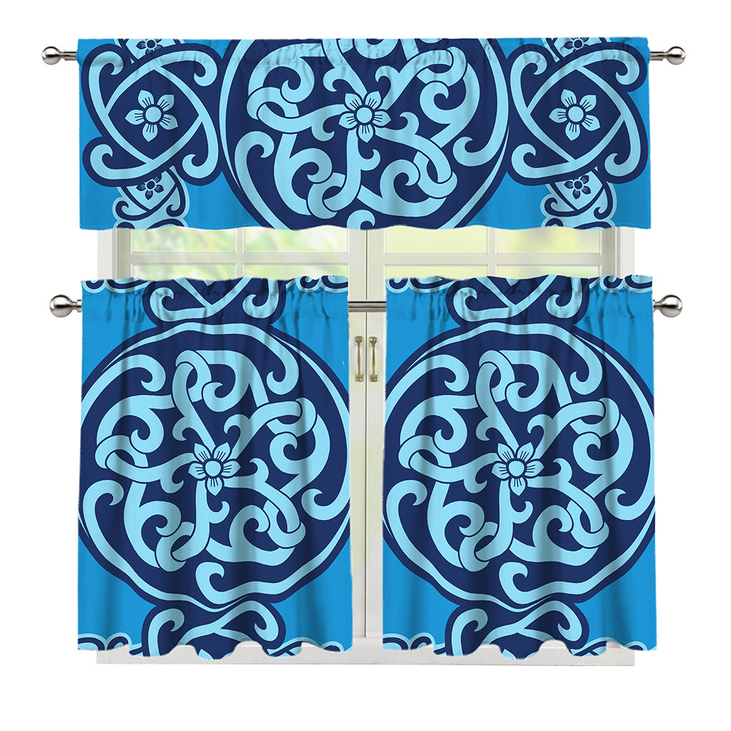 Blue Celtic Symbol Print 3 Piece Kitchen Curtains