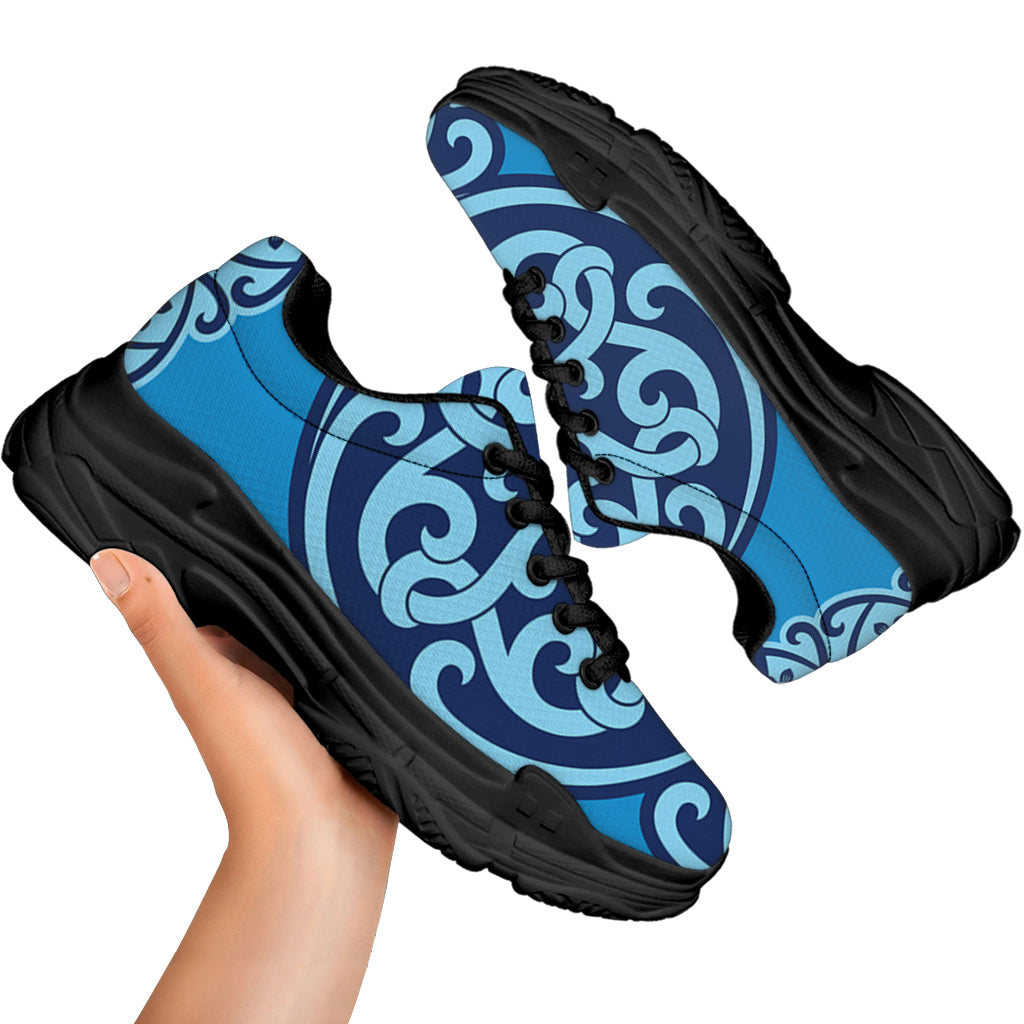 Blue Celtic Symbol Print Black Chunky Shoes