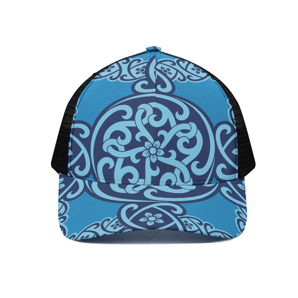 Blue Celtic Symbol Print Black Mesh Trucker Cap