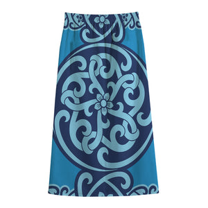 Blue Celtic Symbol Print Cotton Front Slit Maxi Skirt