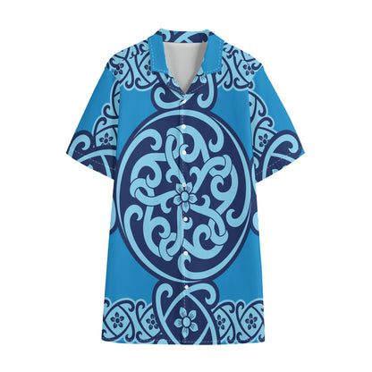 Blue Celtic Symbol Print Cotton Hawaiian Shirt