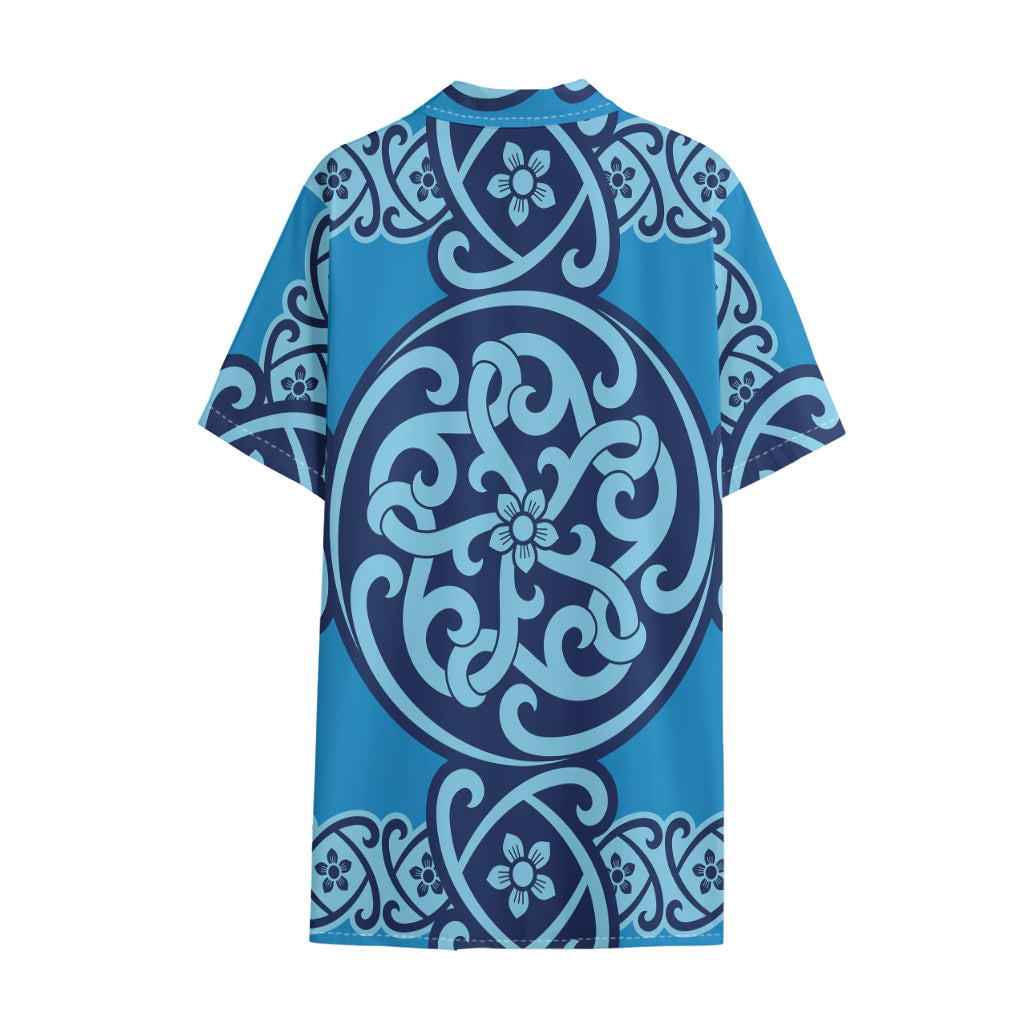 Blue Celtic Symbol Print Cotton Hawaiian Shirt