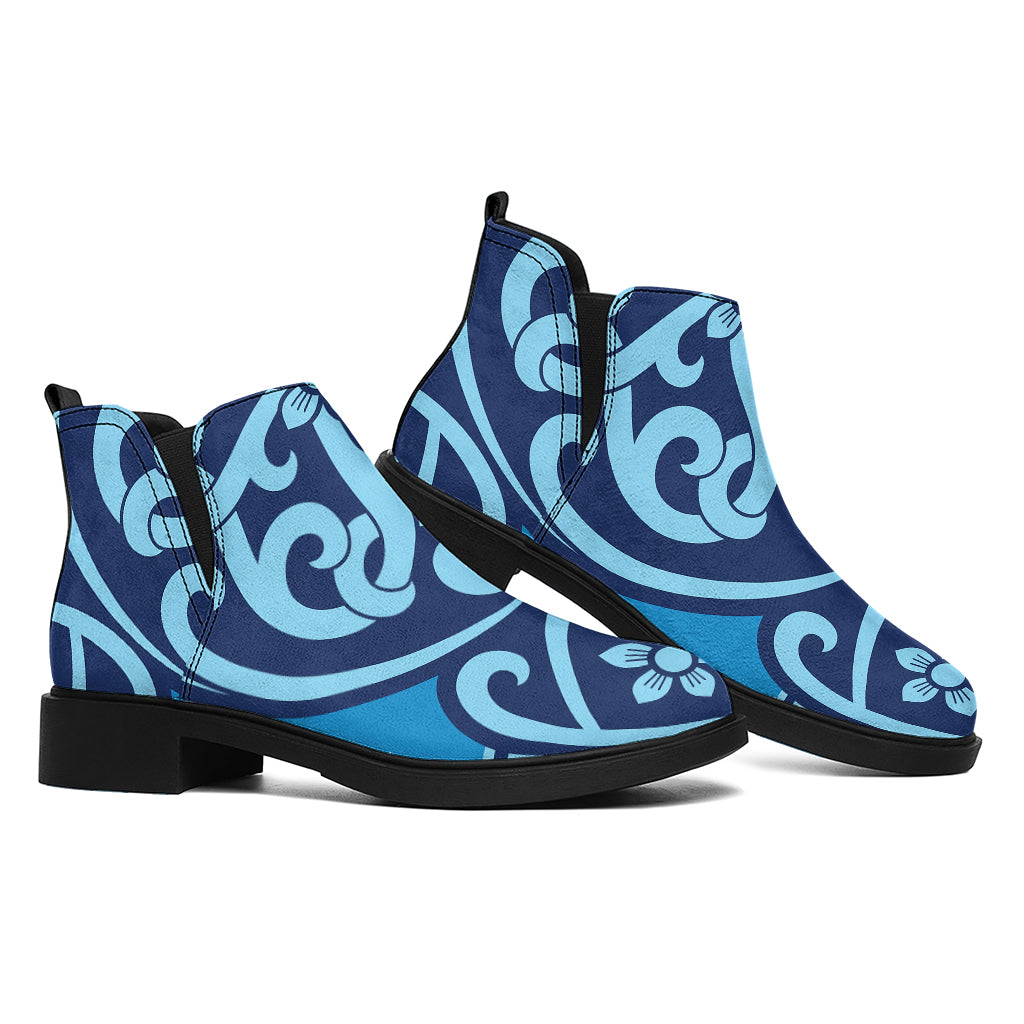 Blue Celtic Symbol Print Flat Ankle Boots