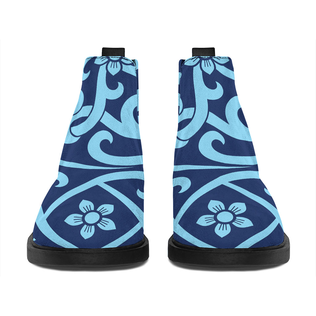 Blue Celtic Symbol Print Flat Ankle Boots